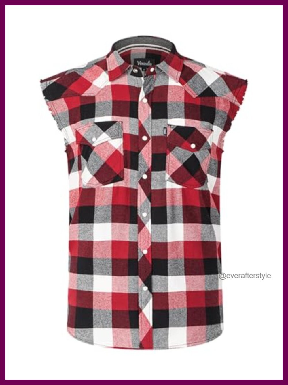 Mens Cotton Flannel Plaid Snap Sleeveless Shirt with Pocket